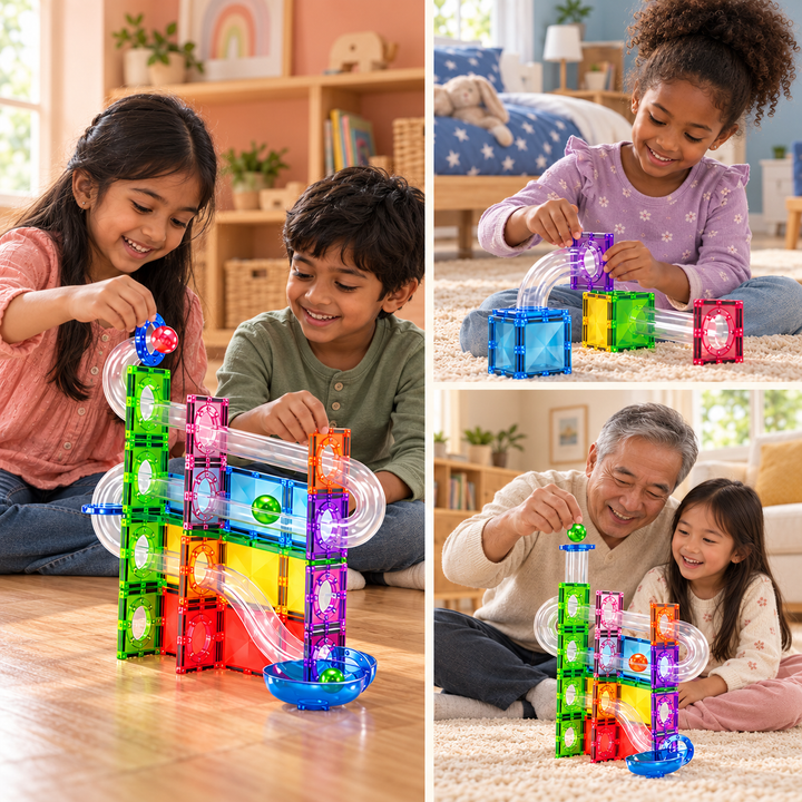 Magnetic Tiles Marble Run – 65-Piece Building Set with Clear Tubes (BLK3053)