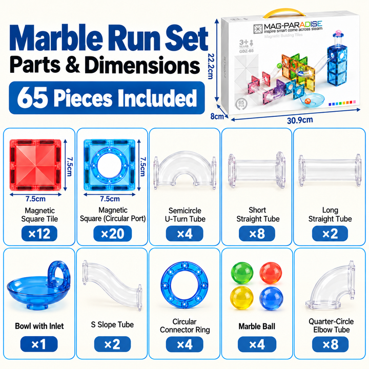 Magnetic Tiles Marble Run – 65-Piece Building Set with Clear Tubes (BLK3053)