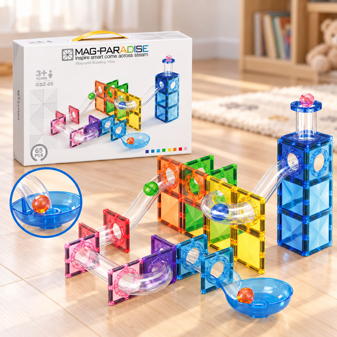 Magnetic Tiles Marble Run – 65-Piece Building Set with Clear Tubes (BLK3053)