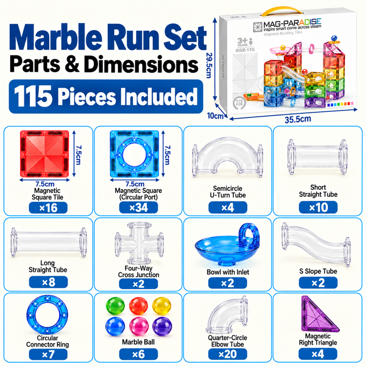 Magnetic Tiles Marble Run – 115-Piece Building Set with Clear Tubes (BLK3054)