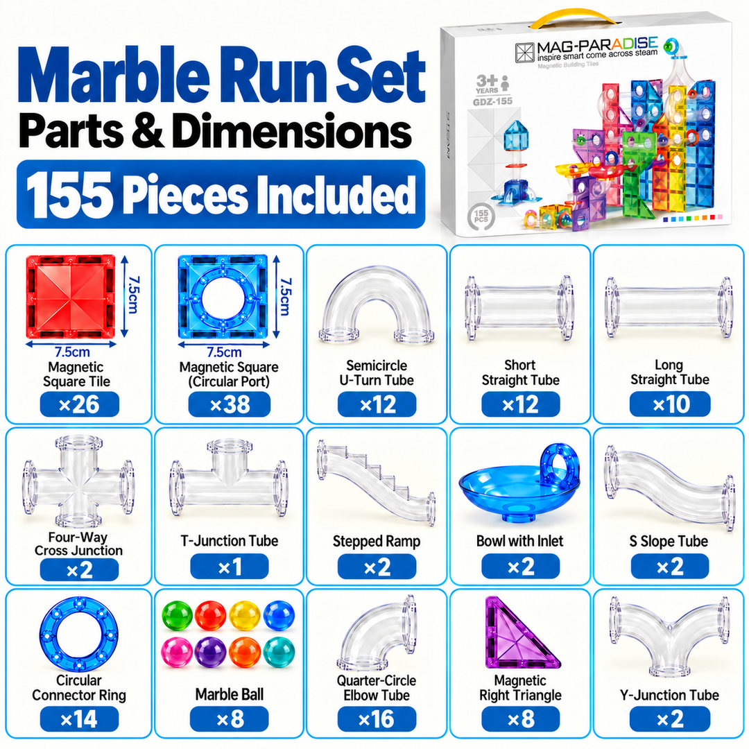 Magnetic Tiles Marble Run – 155-Piece Building Set with Clear Tubes (BLK3055)