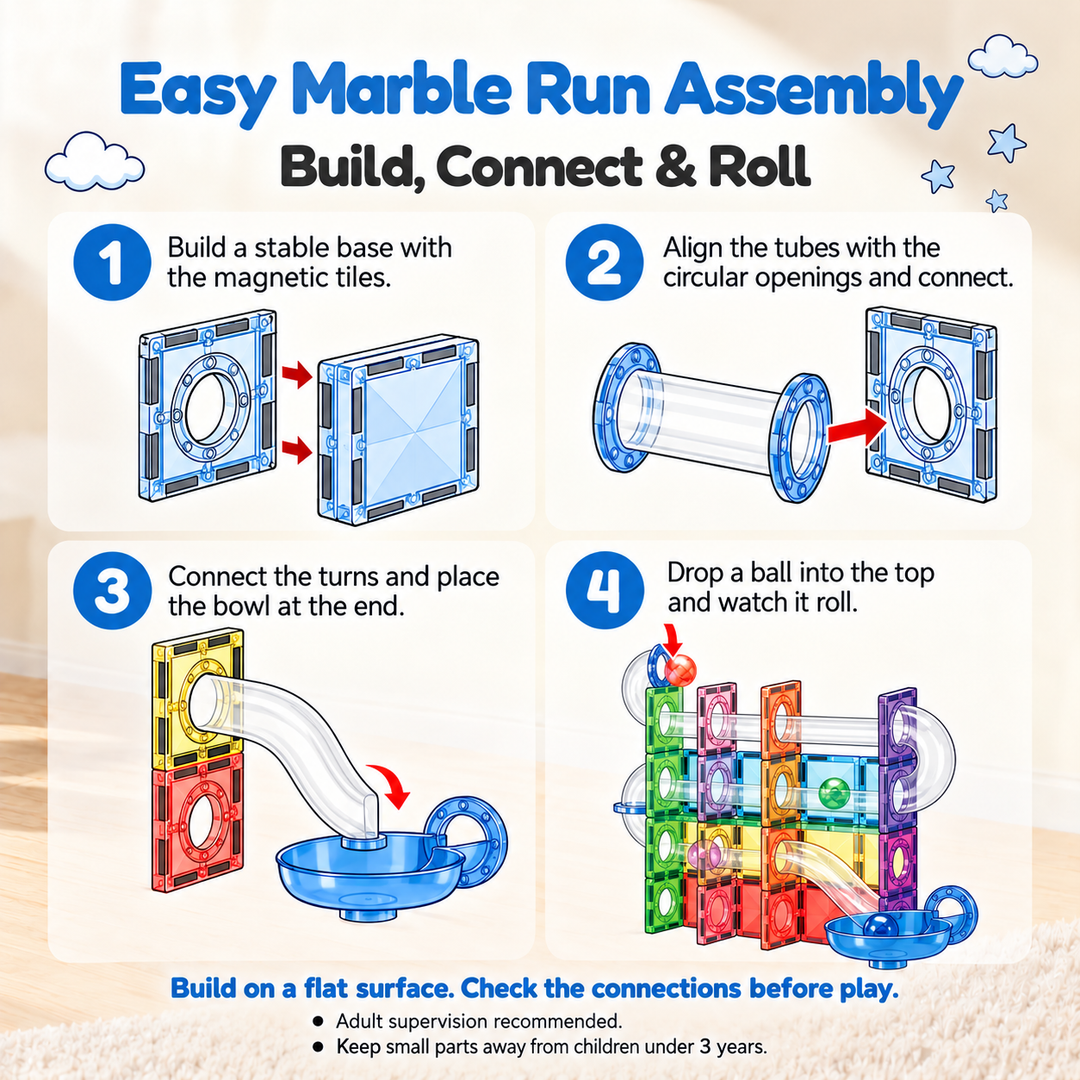 Magnetic Tiles Marble Run – 155-Piece Building Set with Clear Tubes (BLK3055)