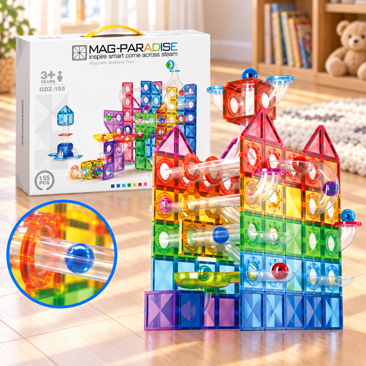 Magnetic Tiles Marble Run – 155-Piece Building Set with Clear Tubes (BLK3055)