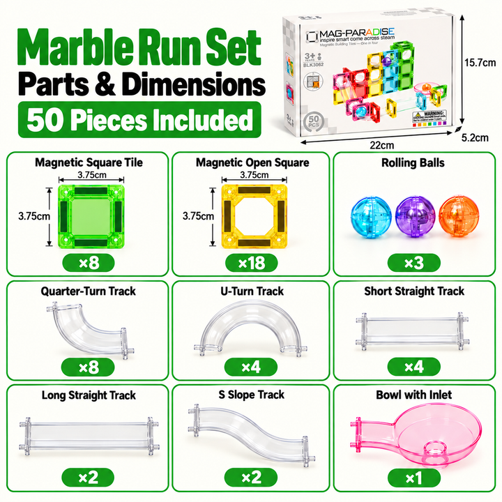 Mini Magnetic Tiles Marble Run – 50-Piece Building Set (BLK3062)