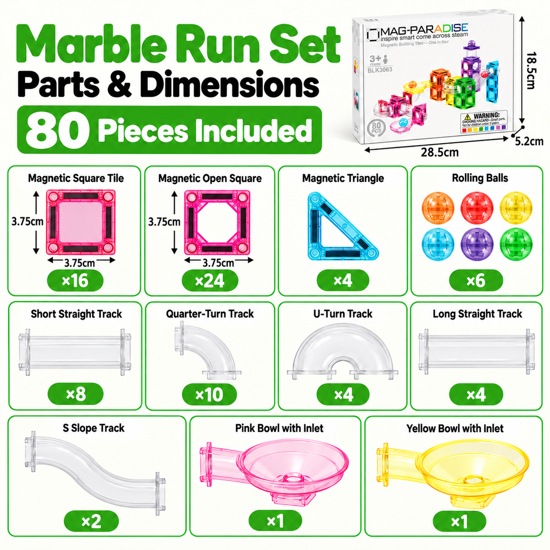 Mini Magnetic Tiles Marble Run – 80-Piece Building Set (BLK3063)