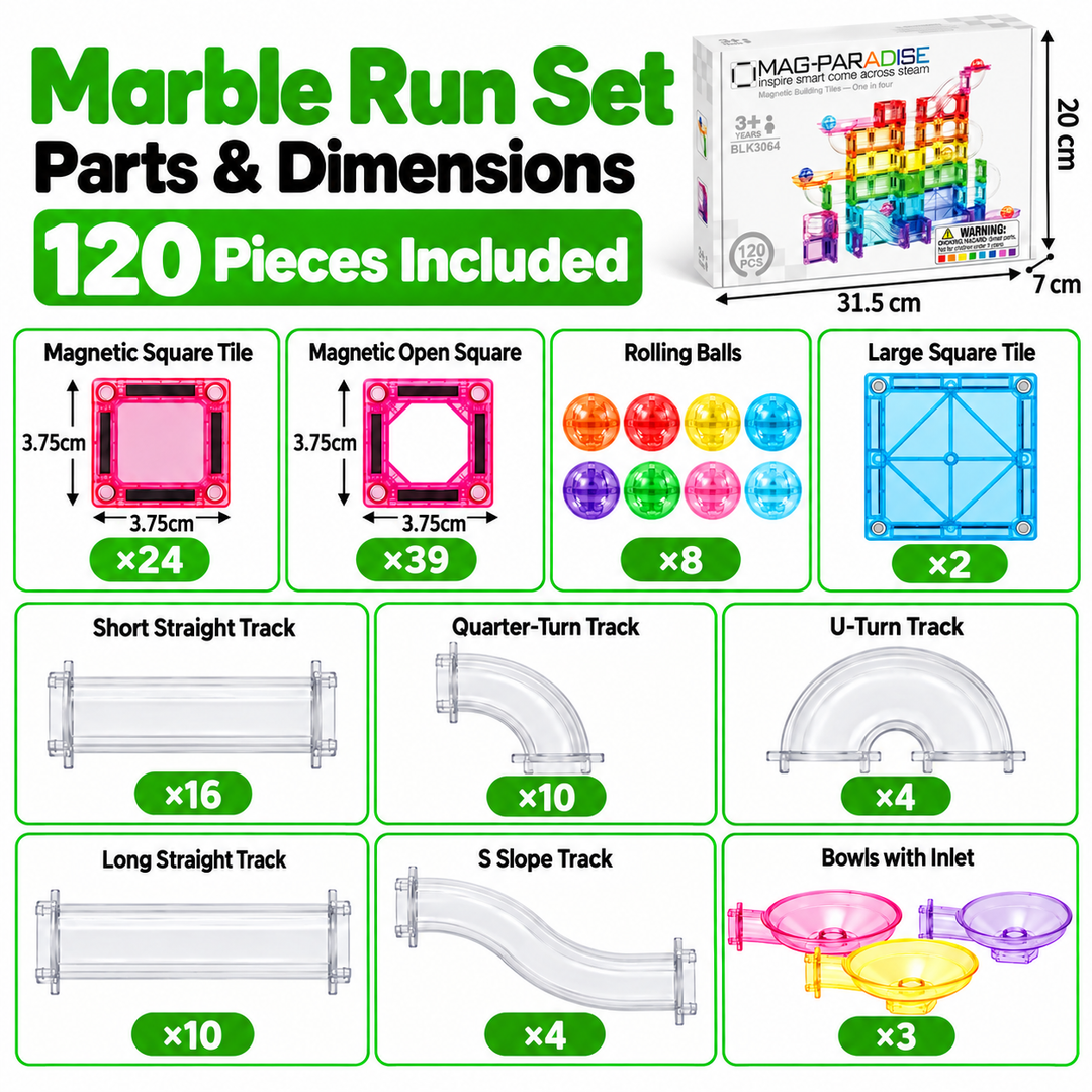 120-Piece Mini Magnetic Tiles Marble Run Set with Clear Tubes (Set BLK3064)