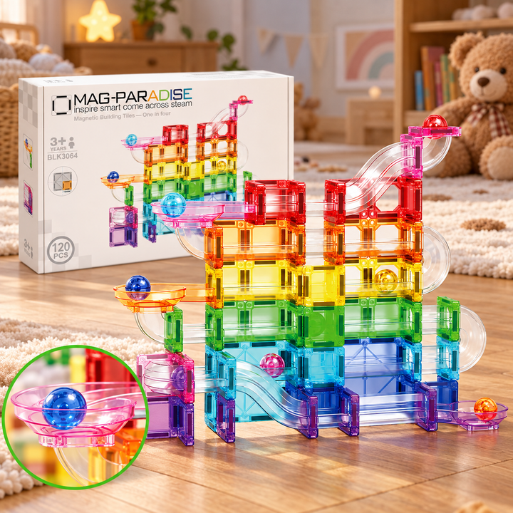 120-Piece Mini Magnetic Tiles Marble Run Set with Clear Tubes (Set BLK3064)