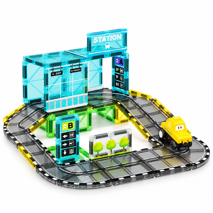 Magnetic Tiles Station Track – 33-Piece Set with Motorised Taxi (BLK3072)