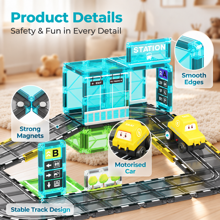 Magnetic Tiles Station Track – 33-Piece Set with Motorised Taxi (BLK3072)