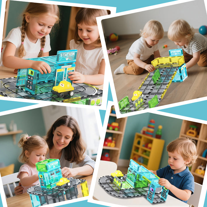 Magnetic Tiles Station Track – 33-Piece Set with Motorised Taxi (BLK3072)