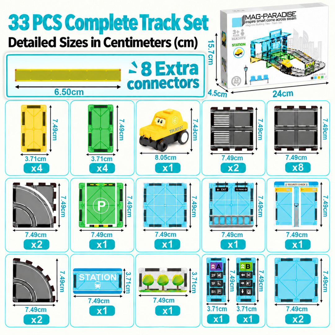 Magnetic Tiles Station Track – 33-Piece Set with Motorised Taxi (BLK3072)