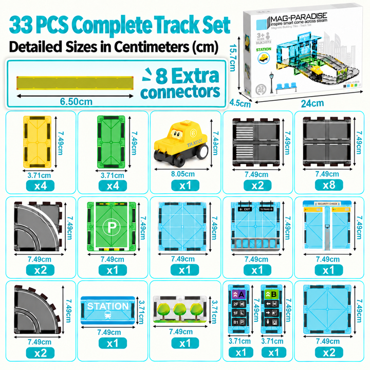 Magnetic Tiles Station Track – 33-Piece Set with Motorised Taxi (BLK3072)