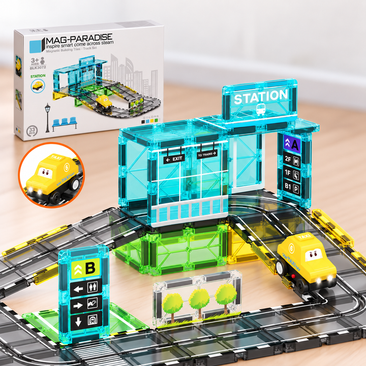 Magnetic Tiles Station Track – 33-Piece Set with Motorised Taxi (BLK3072)