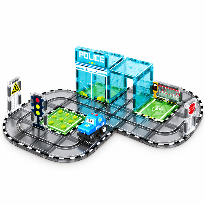 Magnetic Tiles Police Station Track – 30-Piece Set with Motorised Police Car (BLK3074)