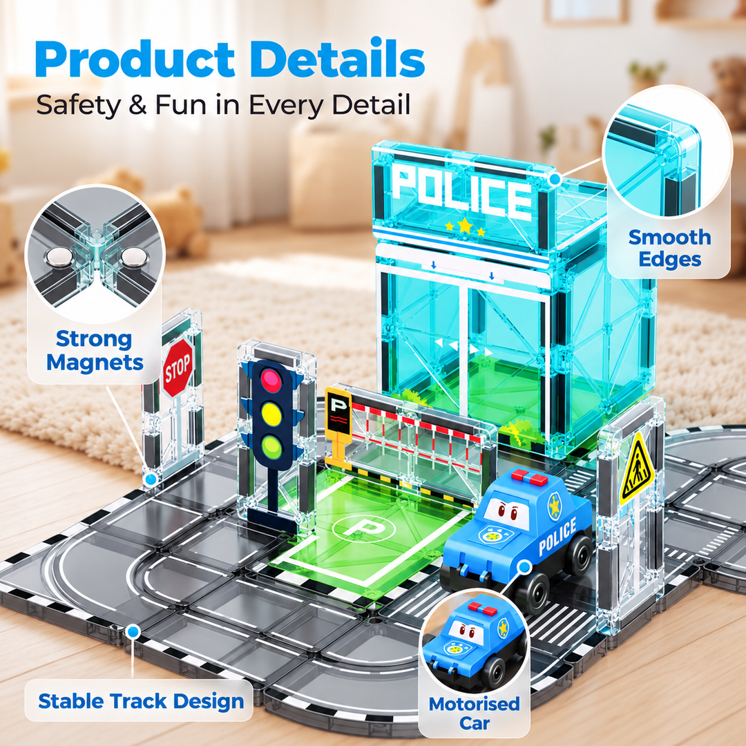 Magnetic Tiles Police Station Track – 30-Piece Set with Motorised Police Car (BLK3074)
