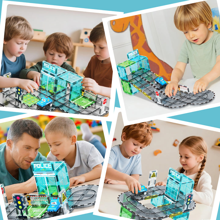 Magnetic Tiles Police Station Track – 30-Piece Set with Motorised Police Car (BLK3074)