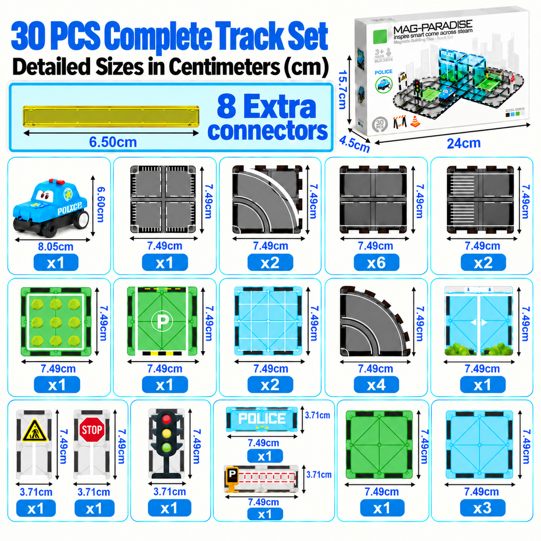 Magnetic Tiles Police Station Track – 30-Piece Set with Motorised Police Car (BLK3074)