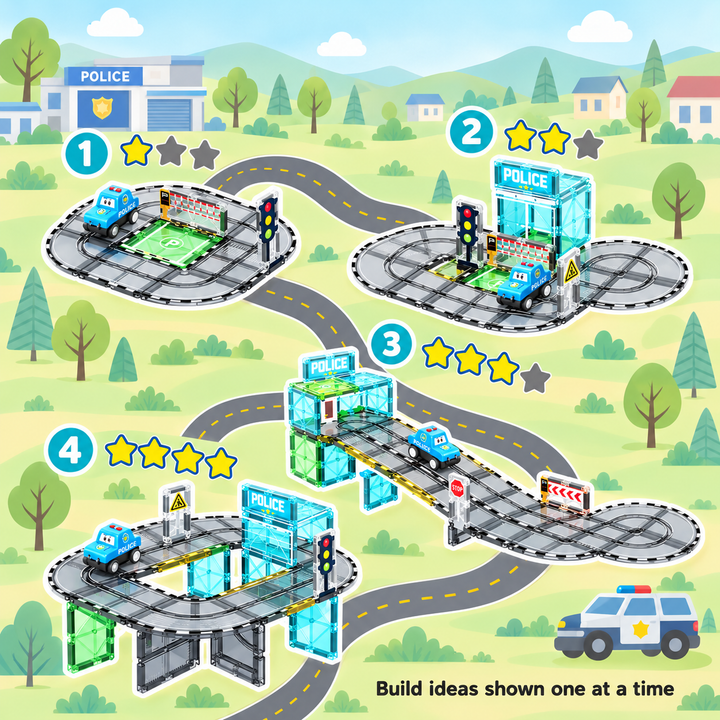 Magnetic Tiles Police Station Track – 30-Piece Set with Motorised Police Car (BLK3074)