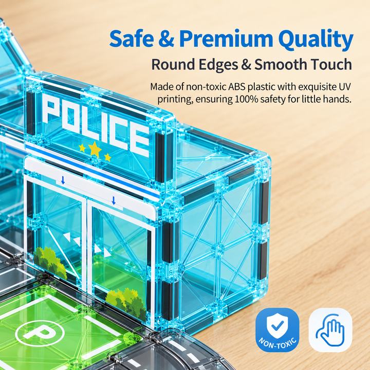 Magnetic Tiles Police Station Track – 30-Piece Set with Motorised Police Car (BLK3074)