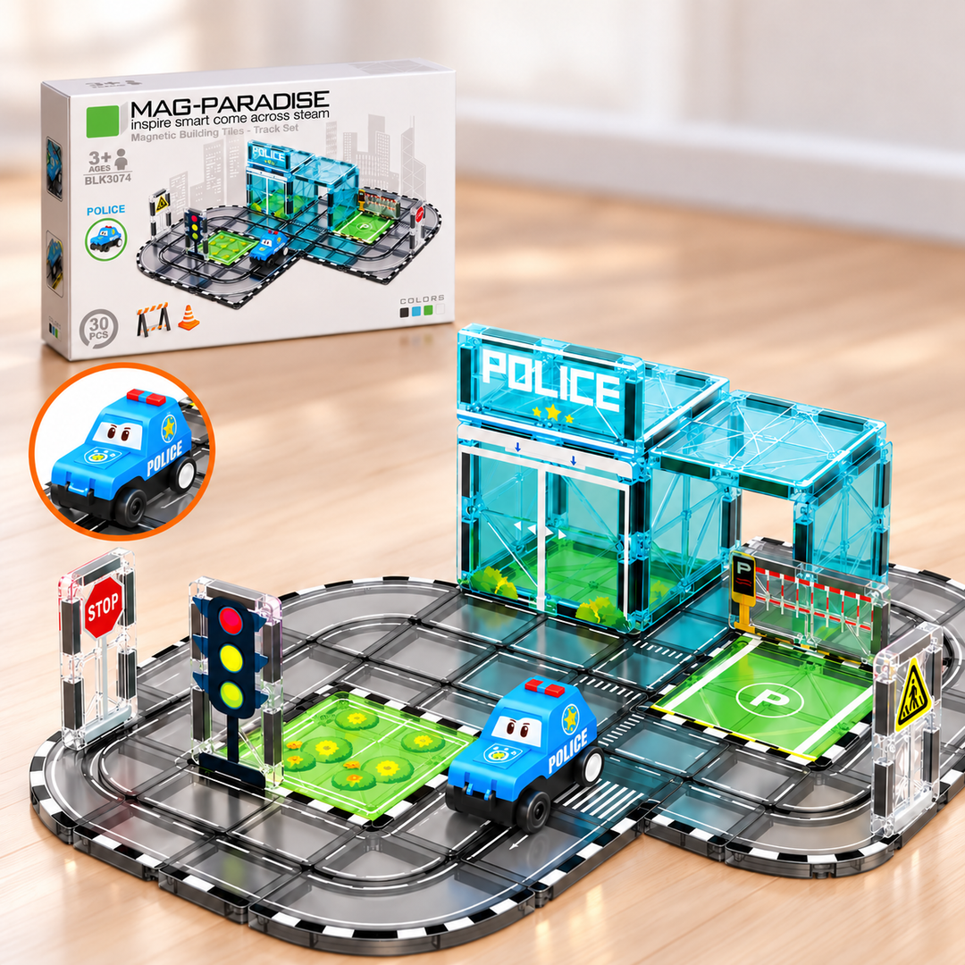Magnetic Tiles Police Station Track – 30-Piece Set with Motorised Police Car (BLK3074)