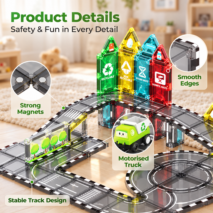 Magnetic Tiles Recycling Track – 46-Piece Set with Motorised Recycling Truck (BLK3075)