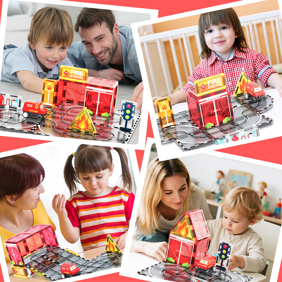 Magnetic Tiles Fire Station Track – 30-Piece Set with Motorised Fire Truck (BLK3076)