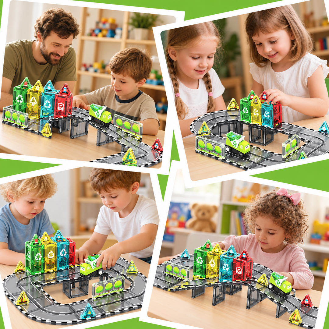 Magnetic Tiles Recycling Track – 46-Piece Set with Motorised Recycling Truck (BLK3075)