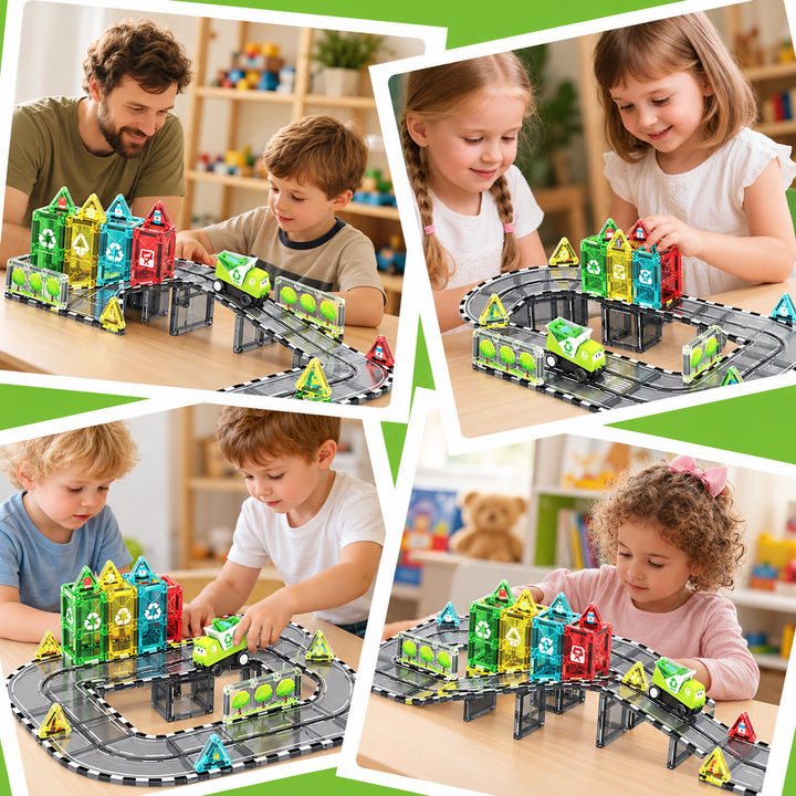 Magnetic Tiles Recycling Track – 46-Piece Set with Motorised Recycling Truck (BLK3075)