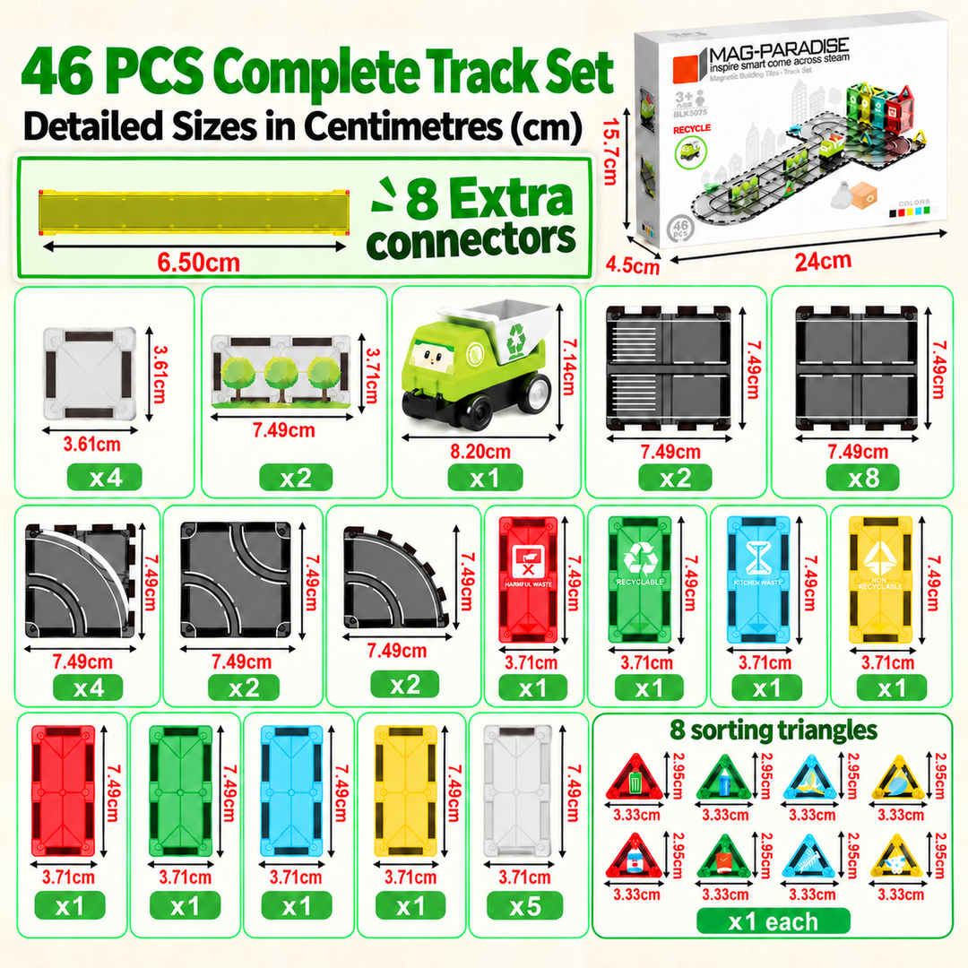 Magnetic Tiles Recycling Track – 46-Piece Set with Motorised Recycling Truck (BLK3075)