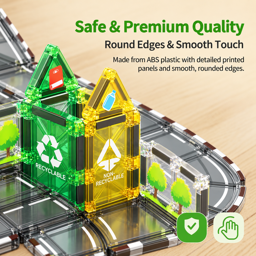 Magnetic Tiles Recycling Track – 46-Piece Set with Motorised Recycling Truck (BLK3075)