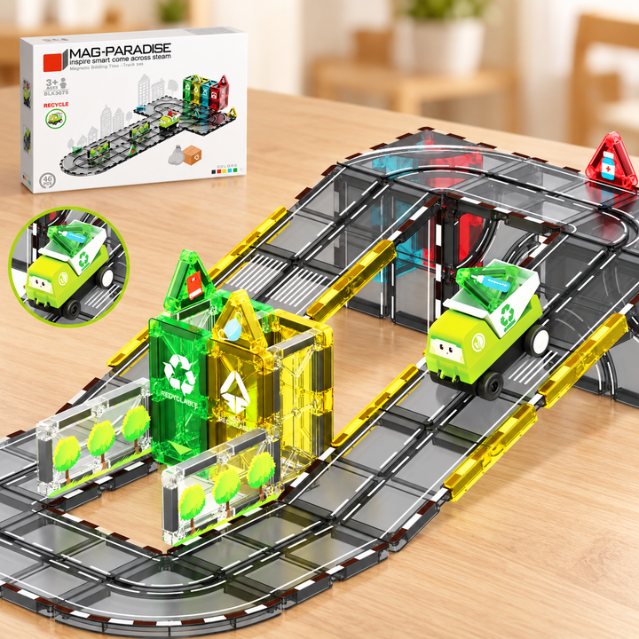 Magnetic Tiles Recycling Track – 46-Piece Set with Motorised Recycling Truck (BLK3075)