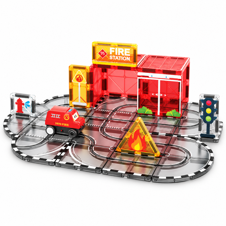 Magnetic Tiles Fire Station Track – 30-Piece Set with Motorised Fire Truck (BLK3076)
