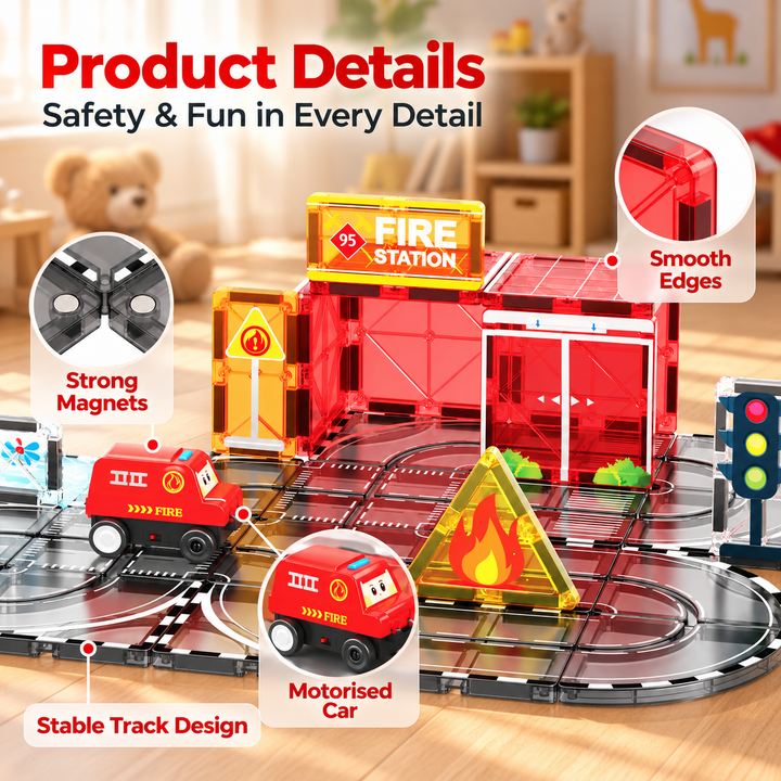 Magnetic Tiles Fire Station Track – 30-Piece Set with Motorised Fire Truck (BLK3076)