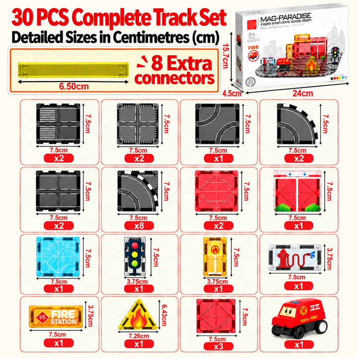 Magnetic Tiles Fire Station Track – 30-Piece Set with Motorised Fire Truck (BLK3076)