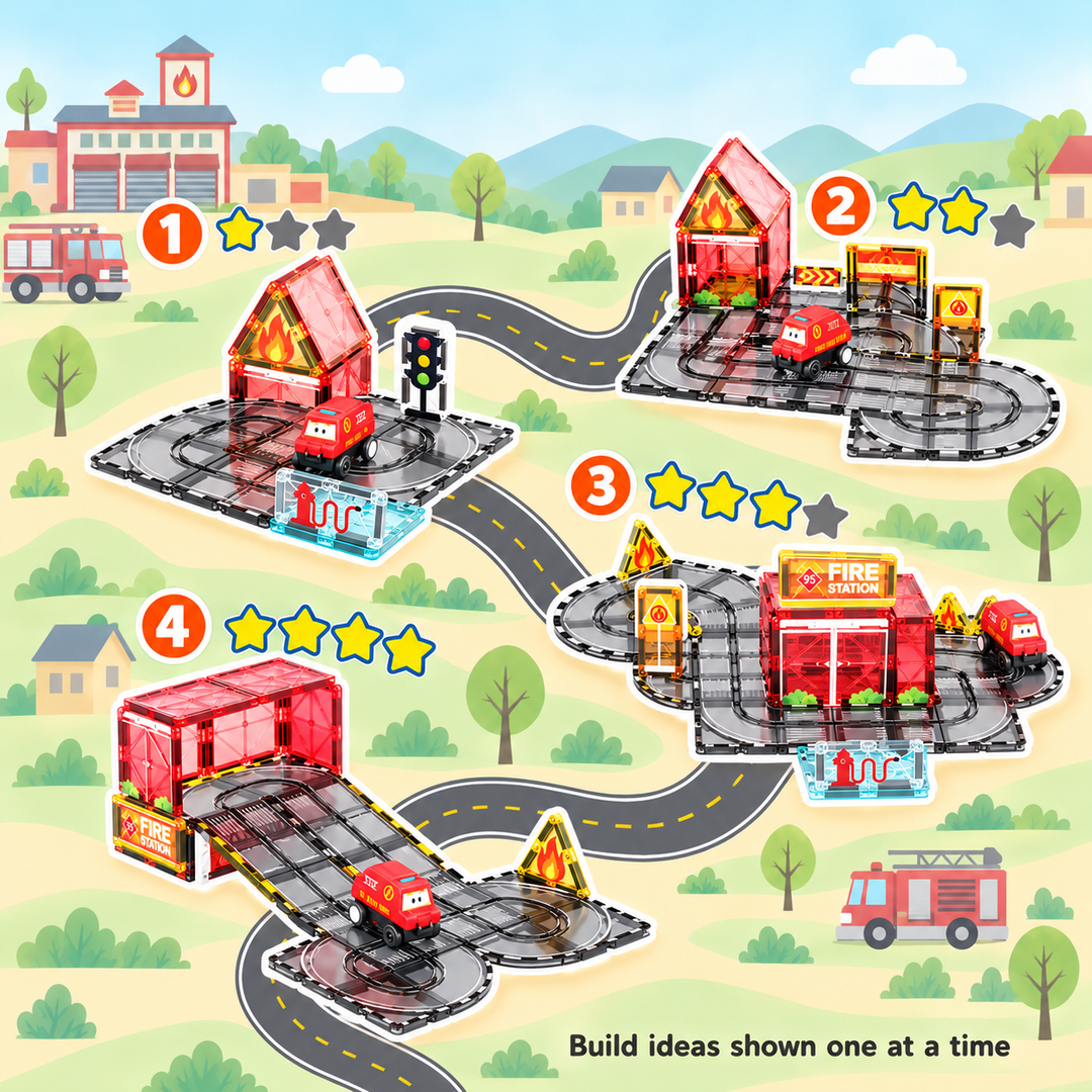 Magnetic Tiles Fire Station Track – 30-Piece Set with Motorised Fire Truck (BLK3076)