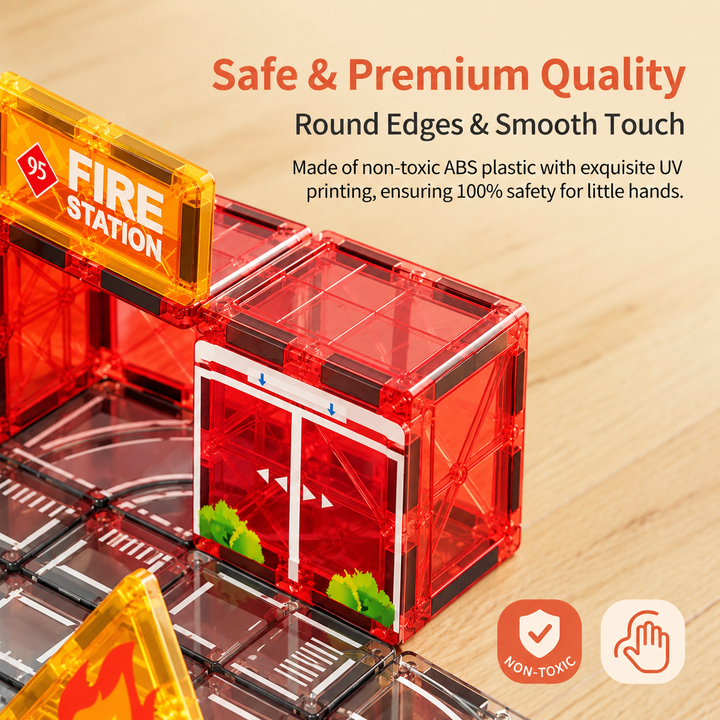 Magnetic Tiles Fire Station Track – 30-Piece Set with Motorised Fire Truck (BLK3076)