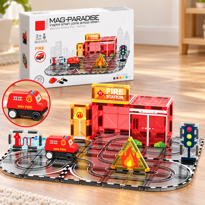 Magnetic Tiles Fire Station Track – 30-Piece Set with Motorised Fire Truck (BLK3076)