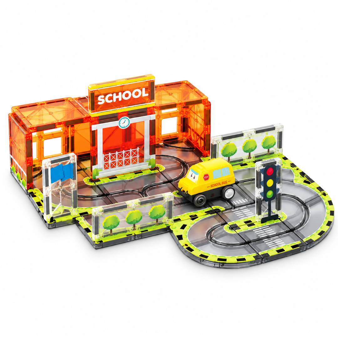 Magnetic Tiles School Track – 30-Piece Set with Motorised School Bus (BLK3077)