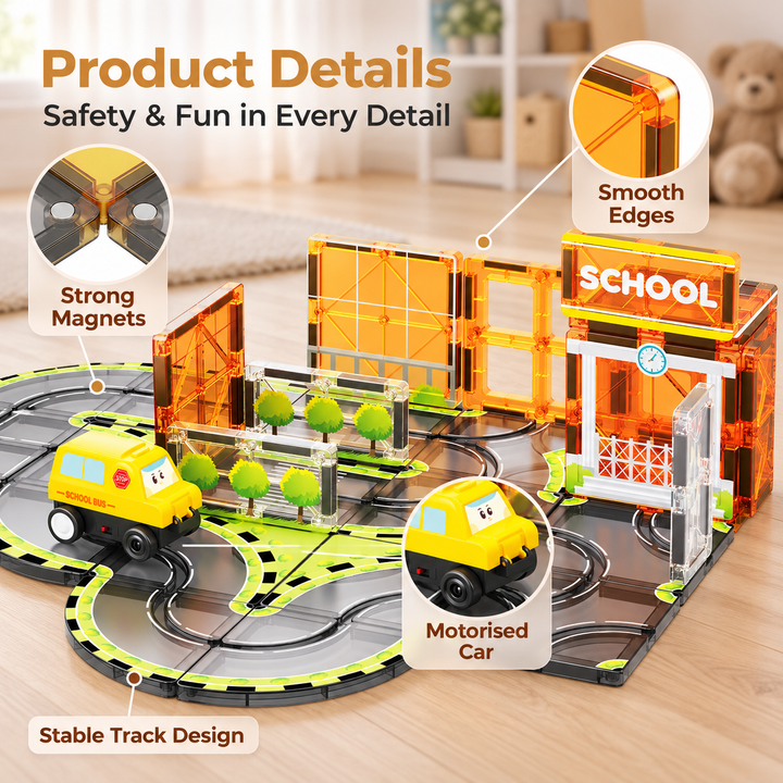 Magnetic Tiles School Track – 30-Piece Set with Motorised School Bus (BLK3077)