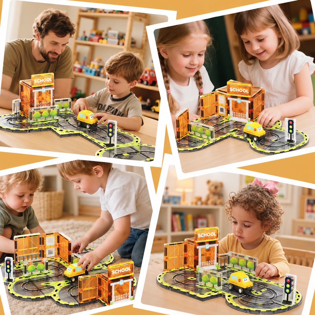 Magnetic Tiles School Track – 30-Piece Set with Motorised School Bus (BLK3077)