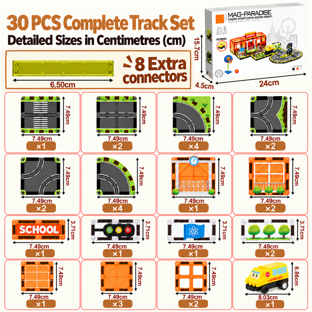 Magnetic Tiles School Track – 30-Piece Set with Motorised School Bus (BLK3077)