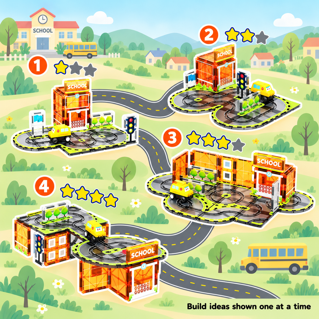 Magnetic Tiles School Track – 30-Piece Set with Motorised School Bus (BLK3077)