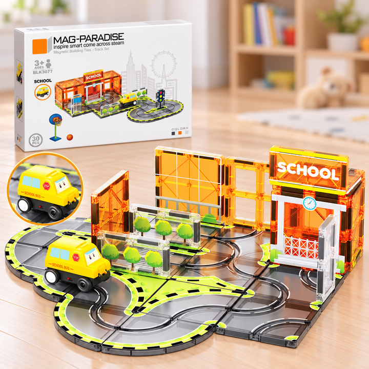 Magnetic Tiles School Track – 30-Piece Set with Motorised School Bus (BLK3077)