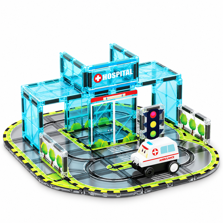 Magnetic Tiles Hospital Track – 30-Piece Set with Motorised Ambulance (BLK3078)