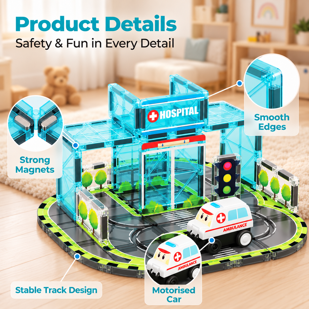 Magnetic Tiles Hospital Track – 30-Piece Set with Motorised Ambulance (BLK3078)