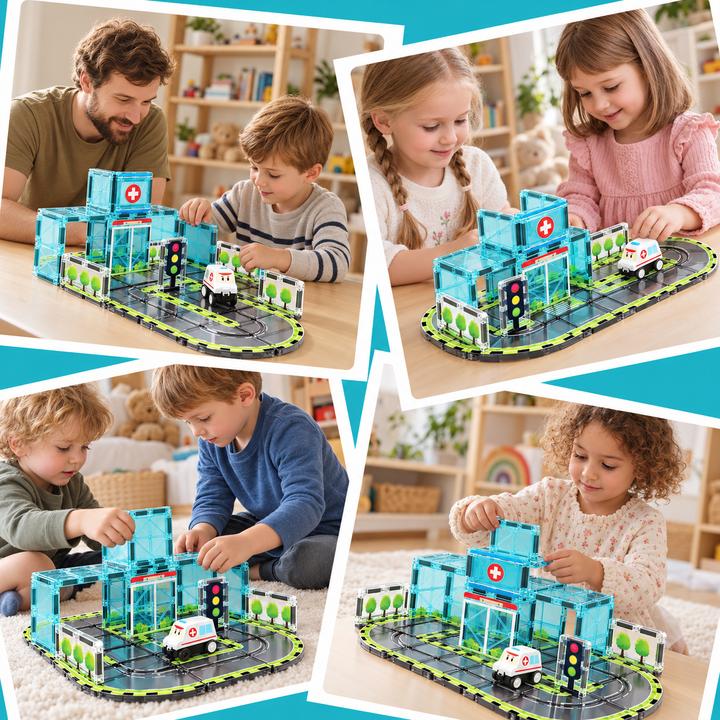 Magnetic Tiles Hospital Track – 30-Piece Set with Motorised Ambulance (BLK3078)