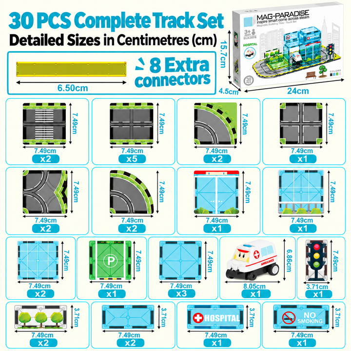 Magnetic Tiles Hospital Track – 30-Piece Set with Motorised Ambulance (BLK3078)