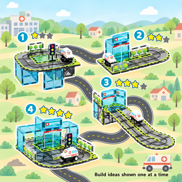Magnetic Tiles Hospital Track – 30-Piece Set with Motorised Ambulance (BLK3078)