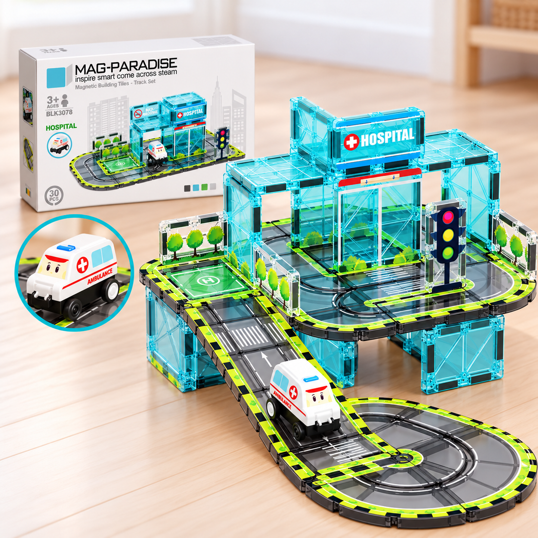 Magnetic Tiles Hospital Track – 30-Piece Set with Motorised Ambulance (BLK3078)