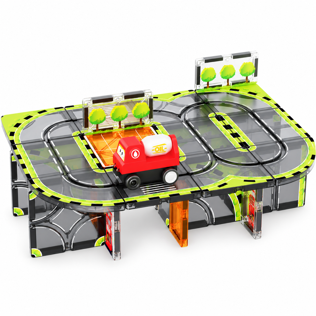 Magnetic Tiles Petrol Station Track – 30-Piece Set with Motorised Tanker Truck (BLK3079)